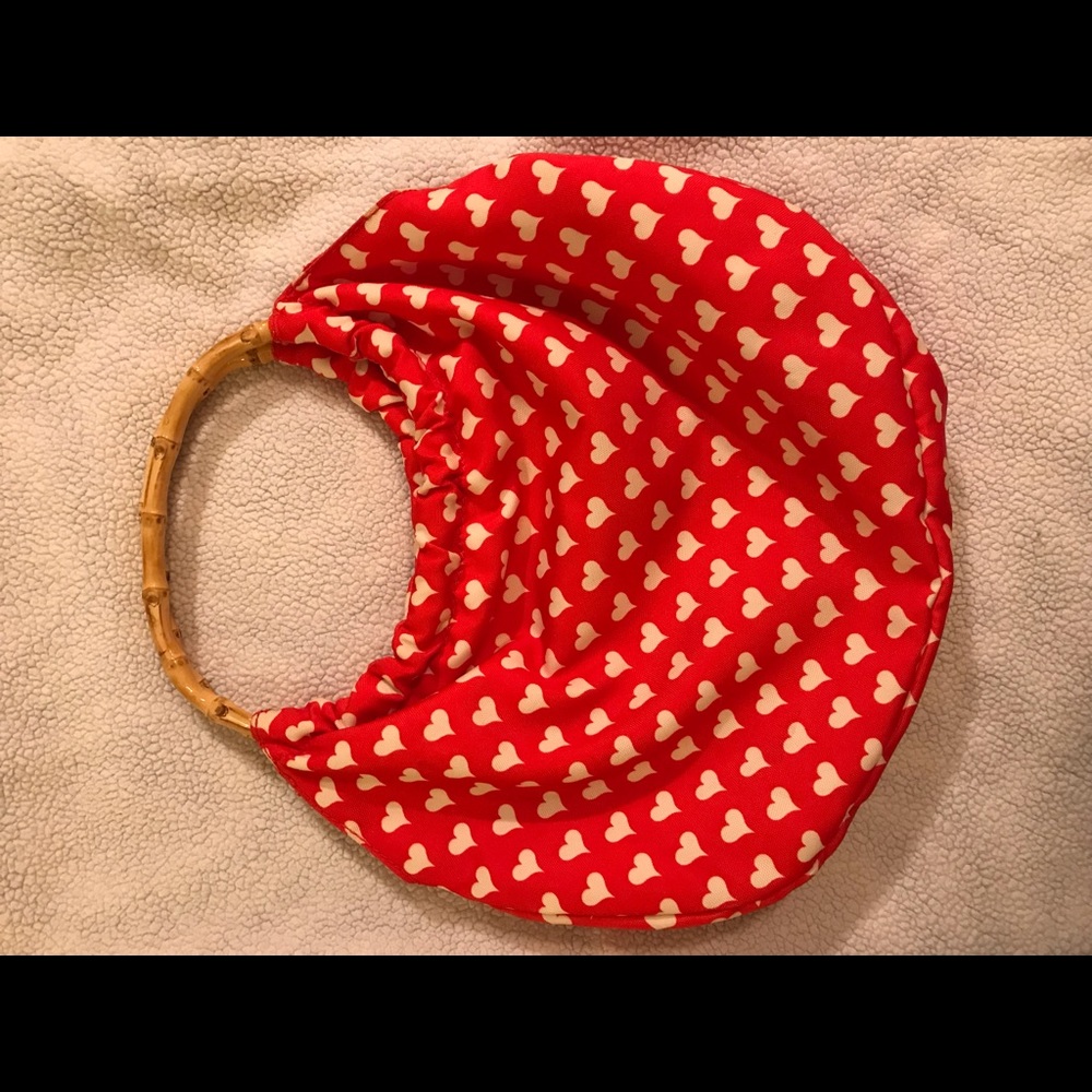 Cute heart print bamboo top handle tote
